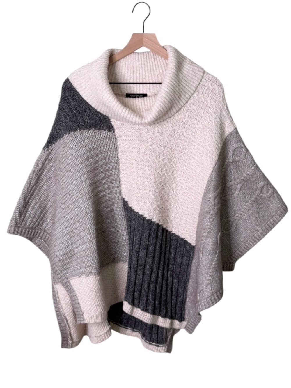 White House Black Market Wool Cowl Neck Patchwork Poncho Sweater Grey Medium
